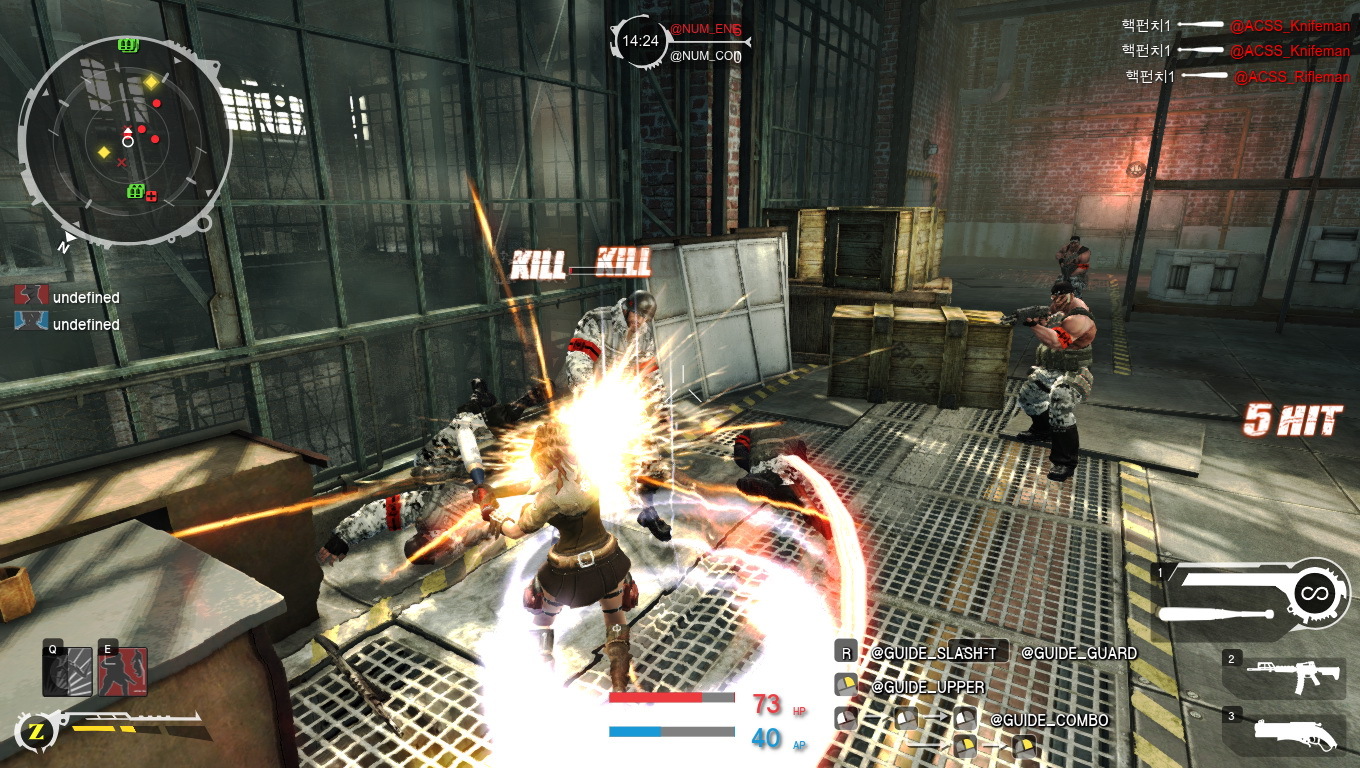 《Gunz 2 Online》中「神槍手」的近身作戰能力相當不錯，可使用鈍器進行大範圍攻擊